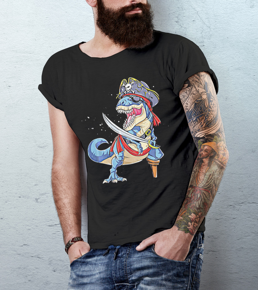 Pirate Dinosaur With Sword And Skull Hat T-Shirt