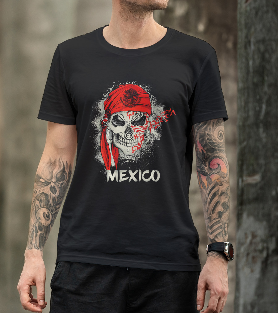 Mexico Skull With Red Bandana And Serpent Emblem T-Shirt