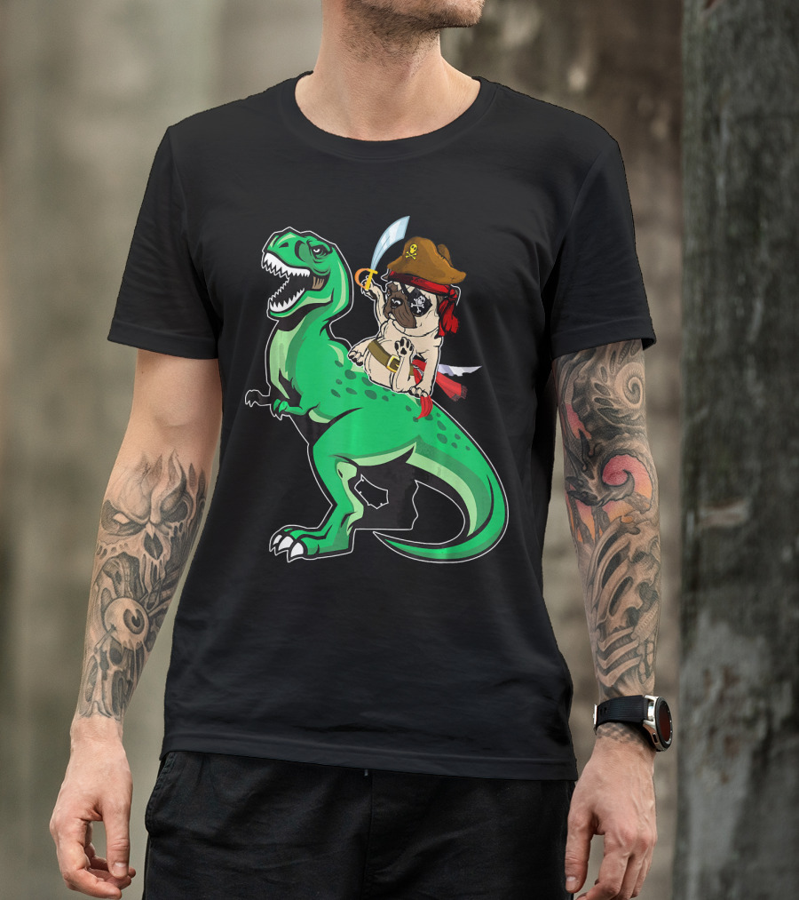 Pirate Pug Riding Rex Dinosaur With Sword And Hat T-Shirt