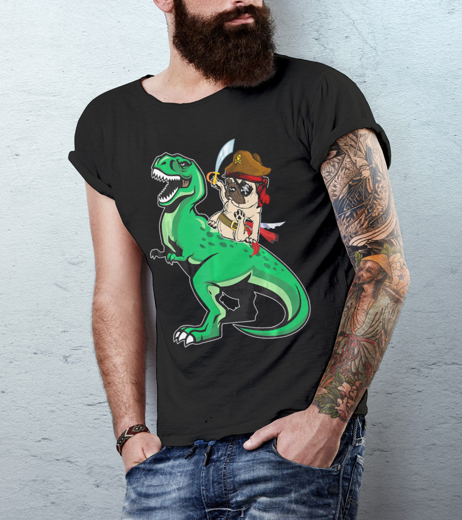 Pirate Pug Riding Rex Dinosaur With Sword And Hat T-Shirt