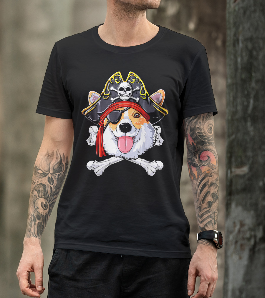 Corgi Pirate Skull And Crossbones Jolly Roger Flag T-Shirt