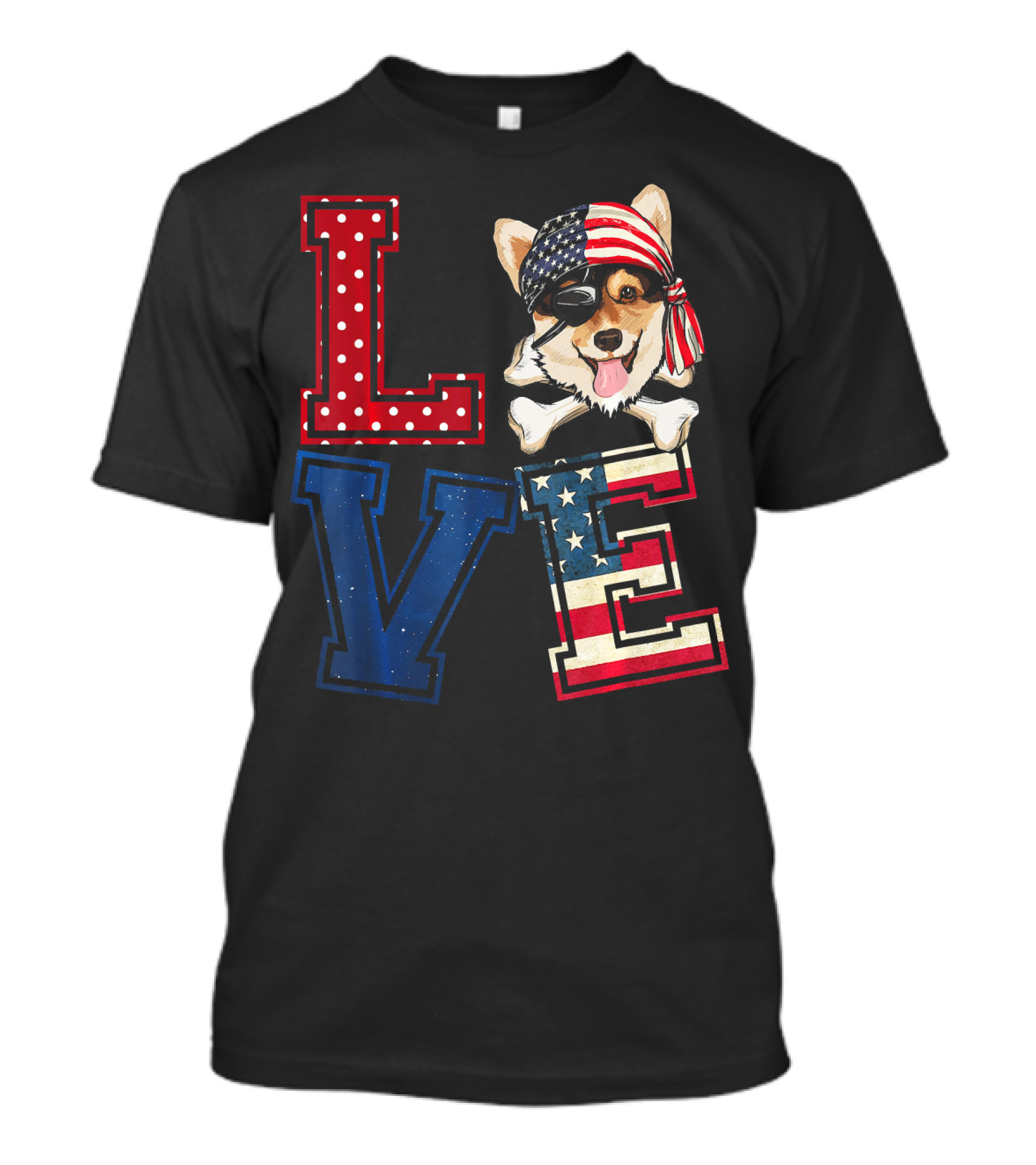 LOVE Corgi Pirate Face With American Flag Bandana And Lettering T-Shirt