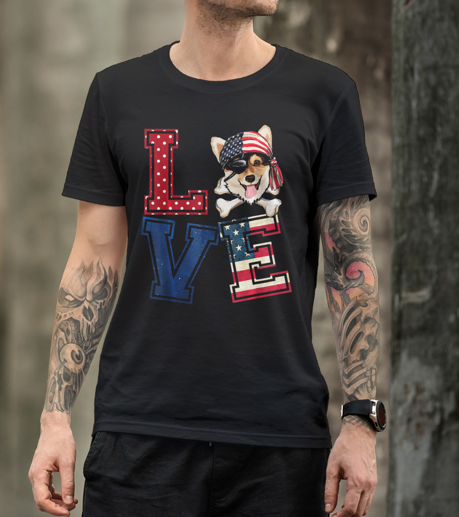 LOVE Corgi Pirate Face With American Flag Bandana And Lettering T-Shirt
