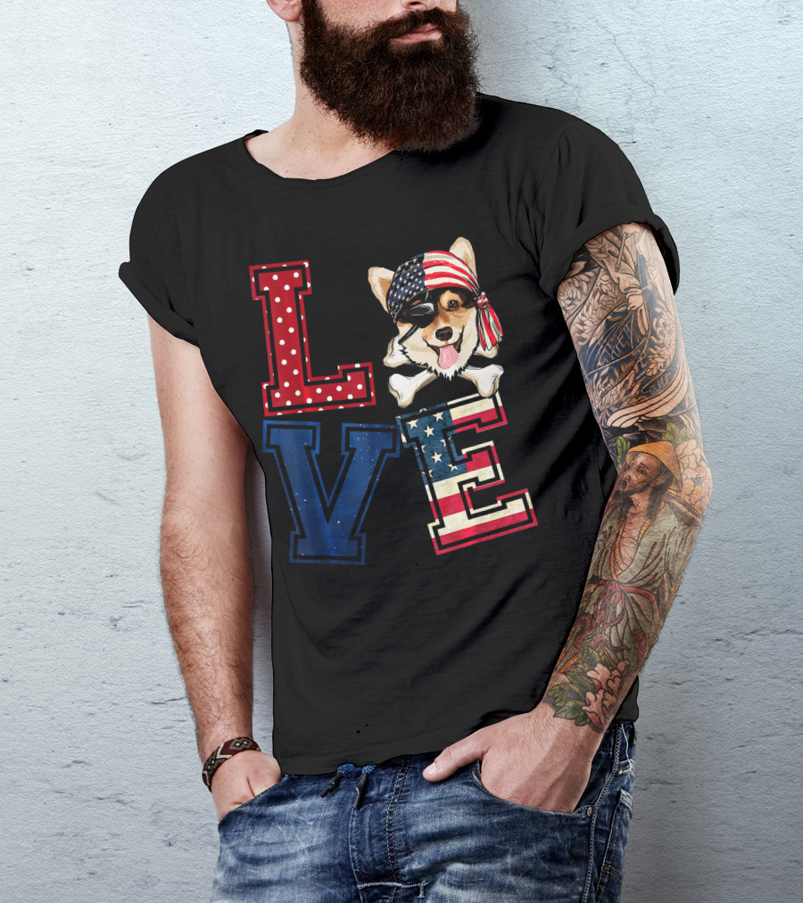 LOVE Corgi Pirate Face With American Flag Bandana And Lettering T-Shirt
