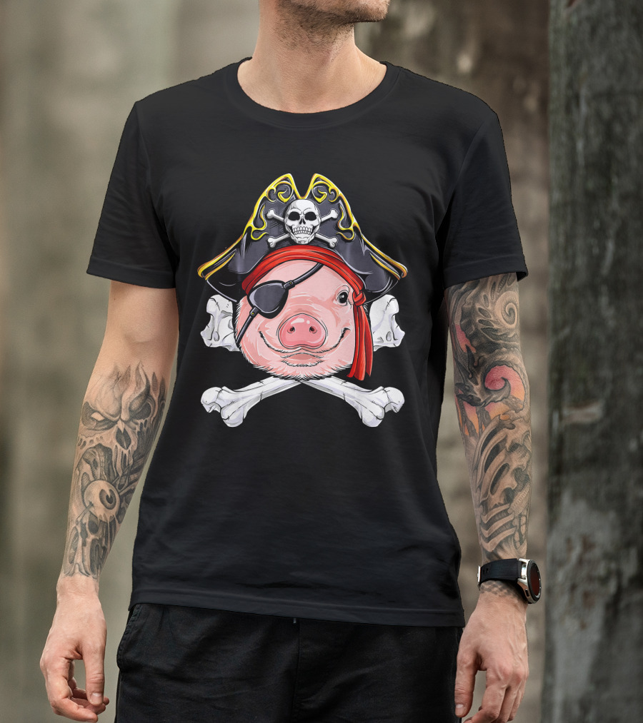 Pig Pirate Jolly Roger Flag Skull Eyepatch Crossbones Hat T-Shirt