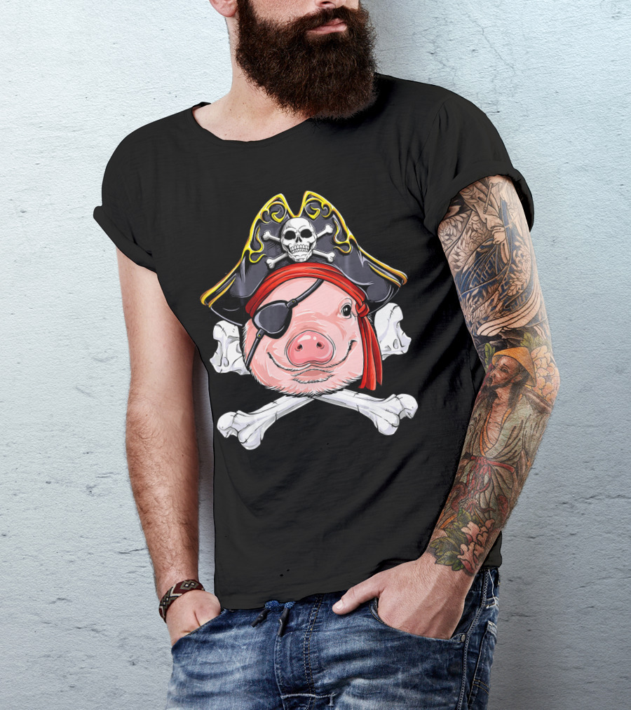 Pig Pirate Jolly Roger Flag Skull Eyepatch Crossbones Hat T-Shirt