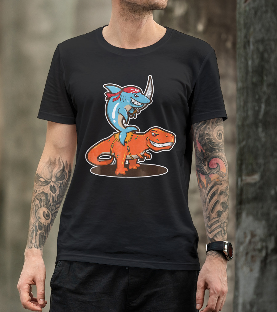 Pirate Shark Riding A T-Rex Dinosaur Adventure T-Shirt