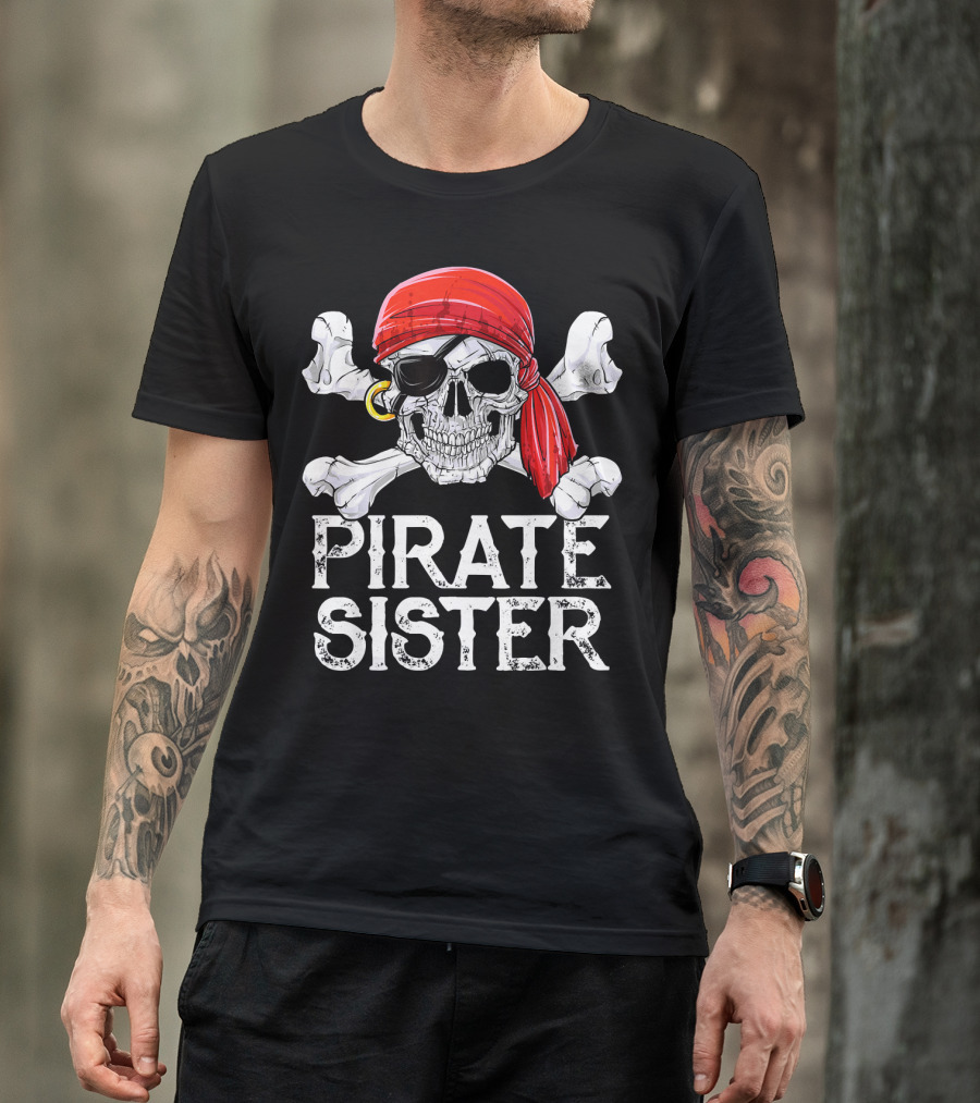 Pirate Sister Skull With Red Bandana And Crossbones T-Shirt