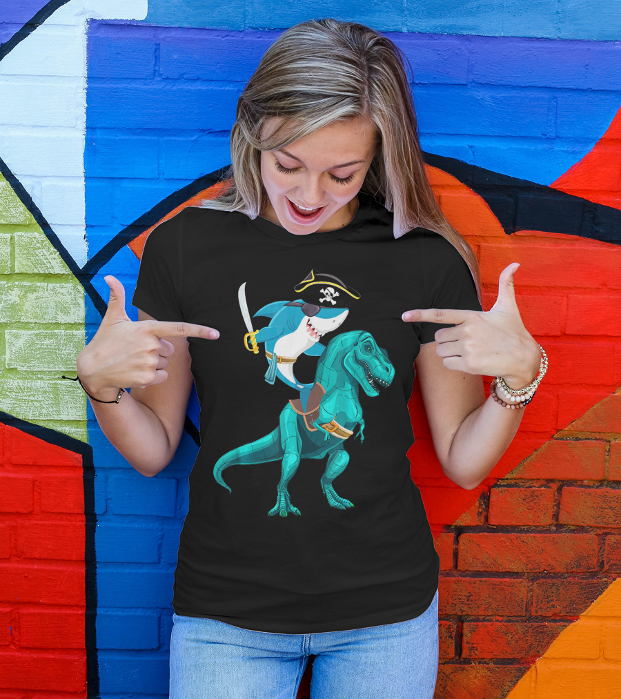 Shark Pirate On T-Rex For Kids Boys Sons T-Shirt