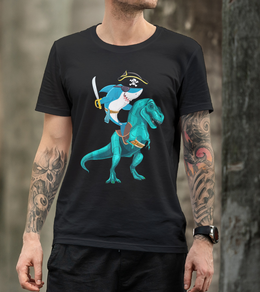 Shark Pirate On T-Rex For Kids Boys Sons T-Shirt