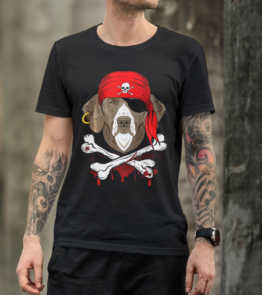 Weimaraner Dog Dad In Pirate Costume With Skull And Crossbones Bandana T-Shirt