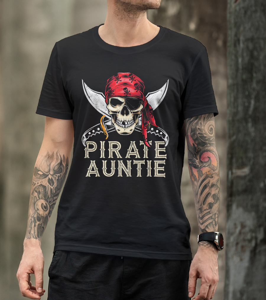 Pirate Auntie Jolly Roger Skull Bandana Crossed Swords T-Shirt