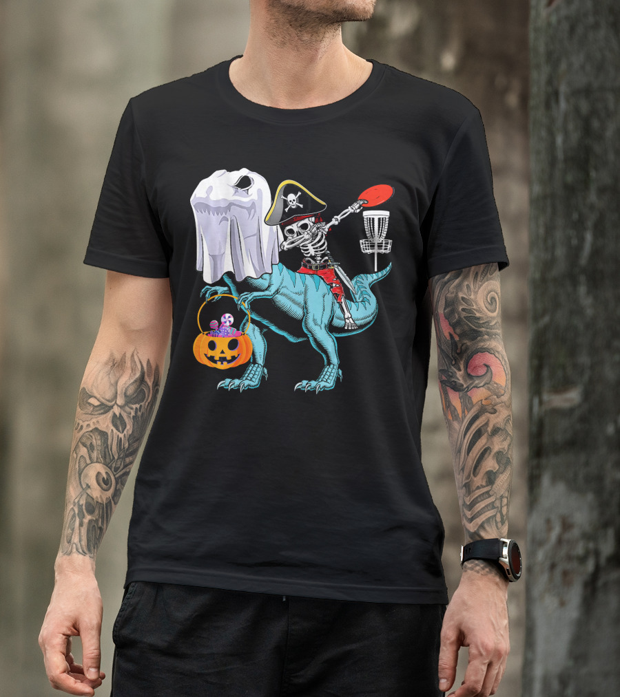 Dab Jolly Roger Skeleton Pirate On Dinosaur With Ghost Pumpkin And Frisbee T-Shirt