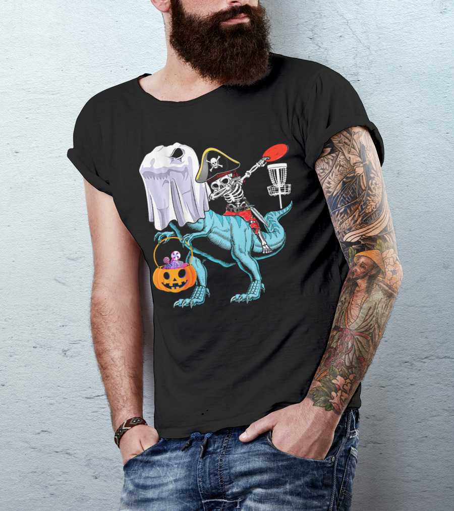 Dab Jolly Roger Skeleton Pirate On Dinosaur With Ghost Pumpkin And Frisbee T-Shirt
