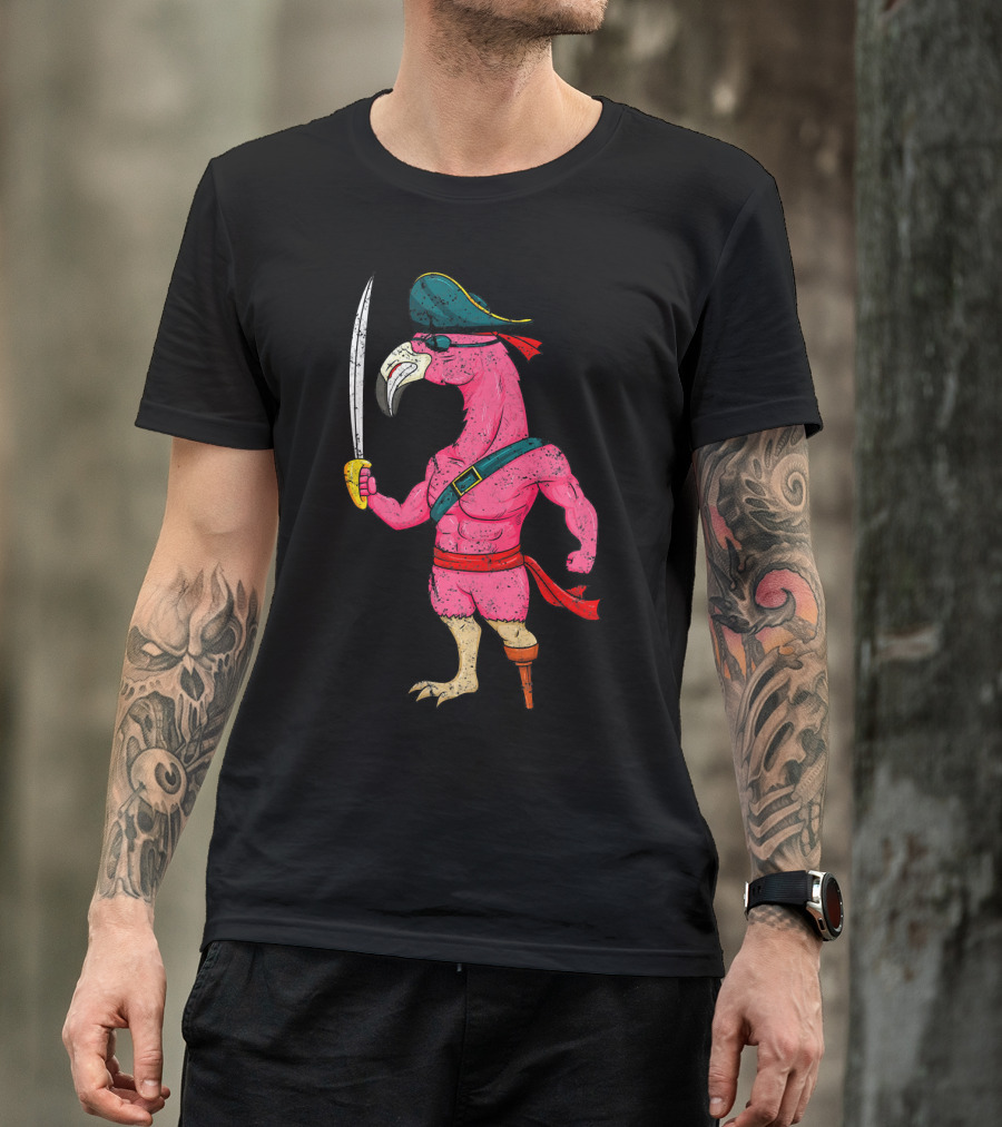 Vintage Pirate Pink Flamingo With Pirate Hat And Wooden Leg Sword T-Shirt