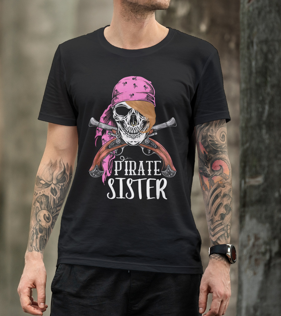 Pirate Sister Skull With Pink Bandana And Crossed Pistols T-Shirt