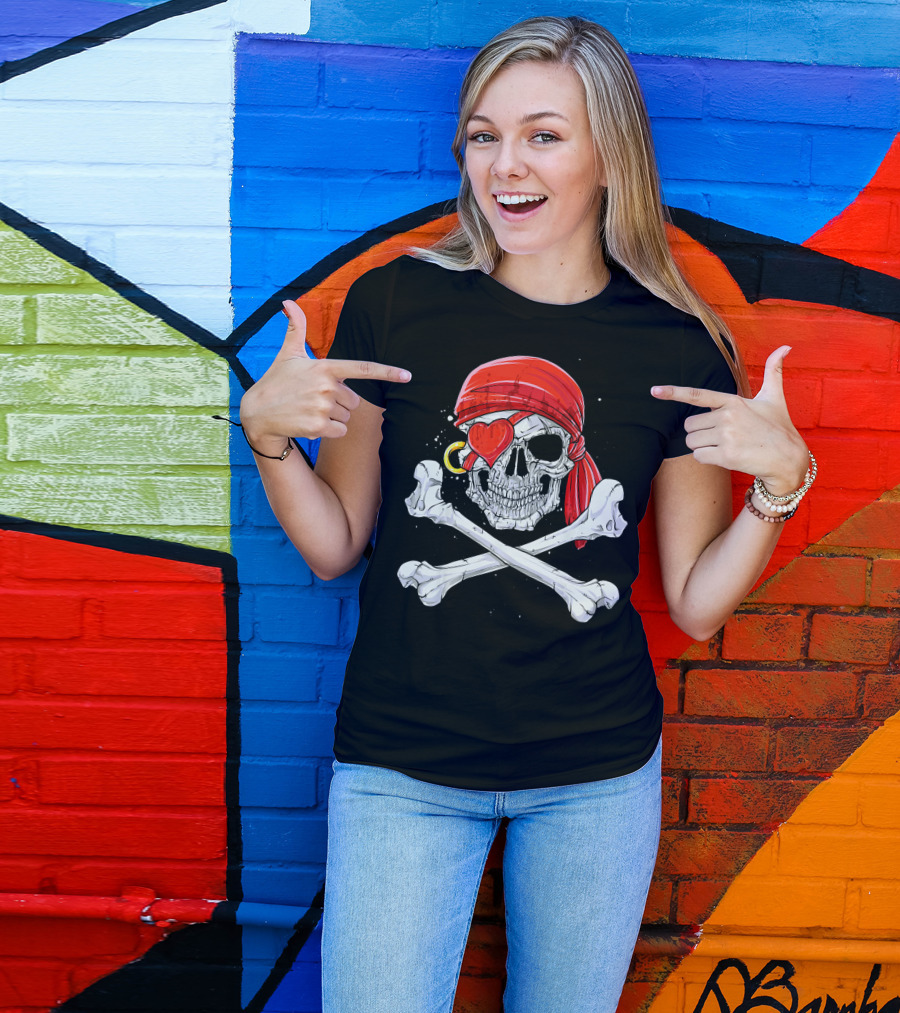 Valentines Day Pirate Skull With Red Bandana And Heart Eye Patch For Him T-Shirt