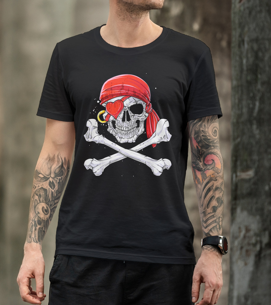 Valentines Day Pirate Skull With Red Bandana And Heart Eye Patch For Him T-Shirt