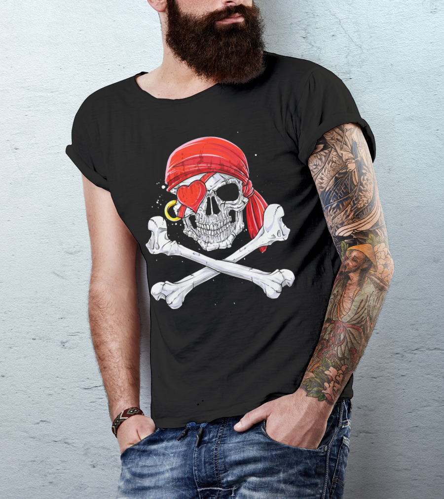 Valentines Day Pirate Skull With Red Bandana And Heart Eye Patch For Him T-Shirt