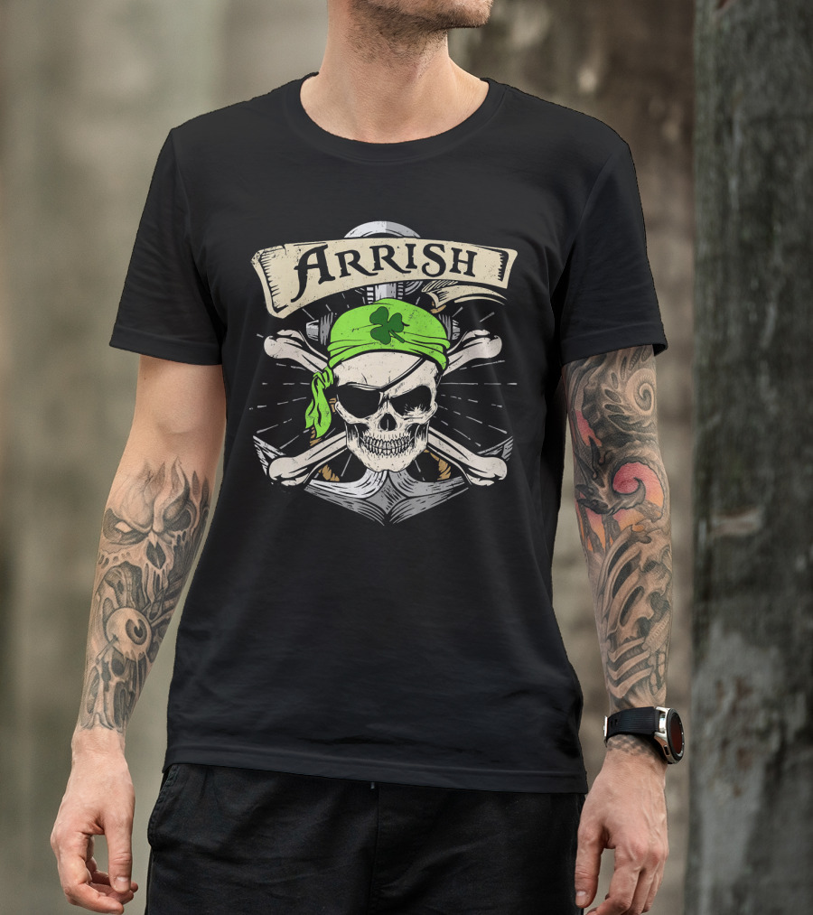 Arrish Irish Pirate Skull With Shamrock Bandana St Patricks T-Shirt