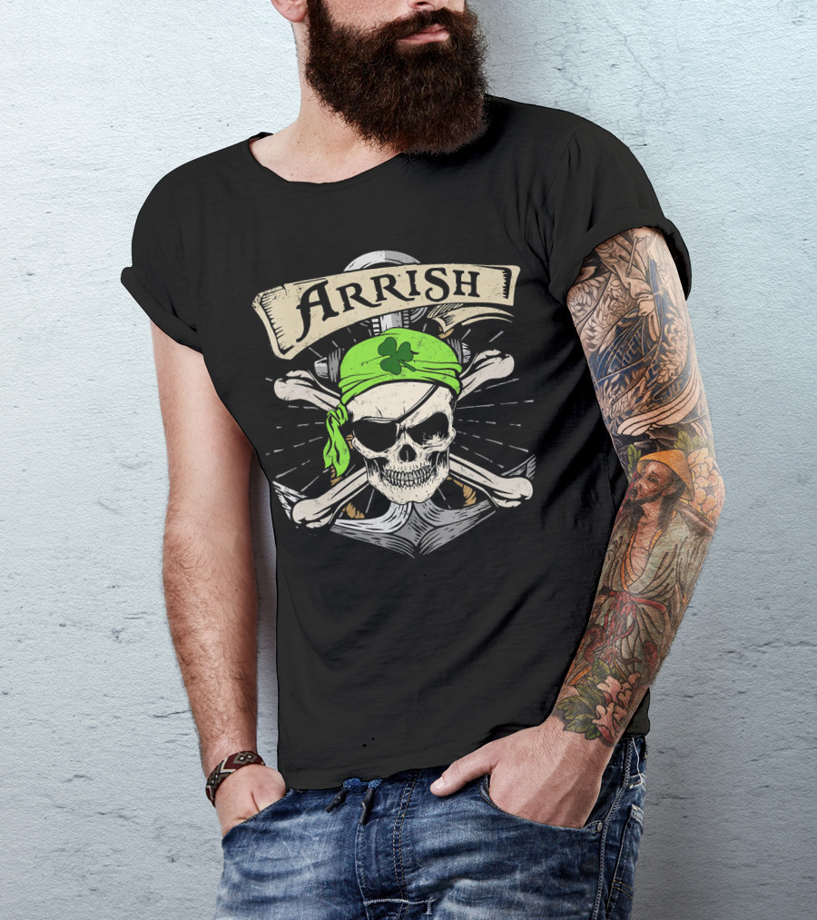 Arrish Irish Pirate Skull With Shamrock Bandana St Patricks T-Shirt