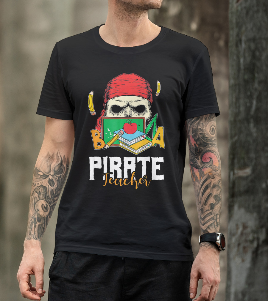 Pirate Teacher Skull Chalkboard Apple Pencils Books Bandana T-Shirt