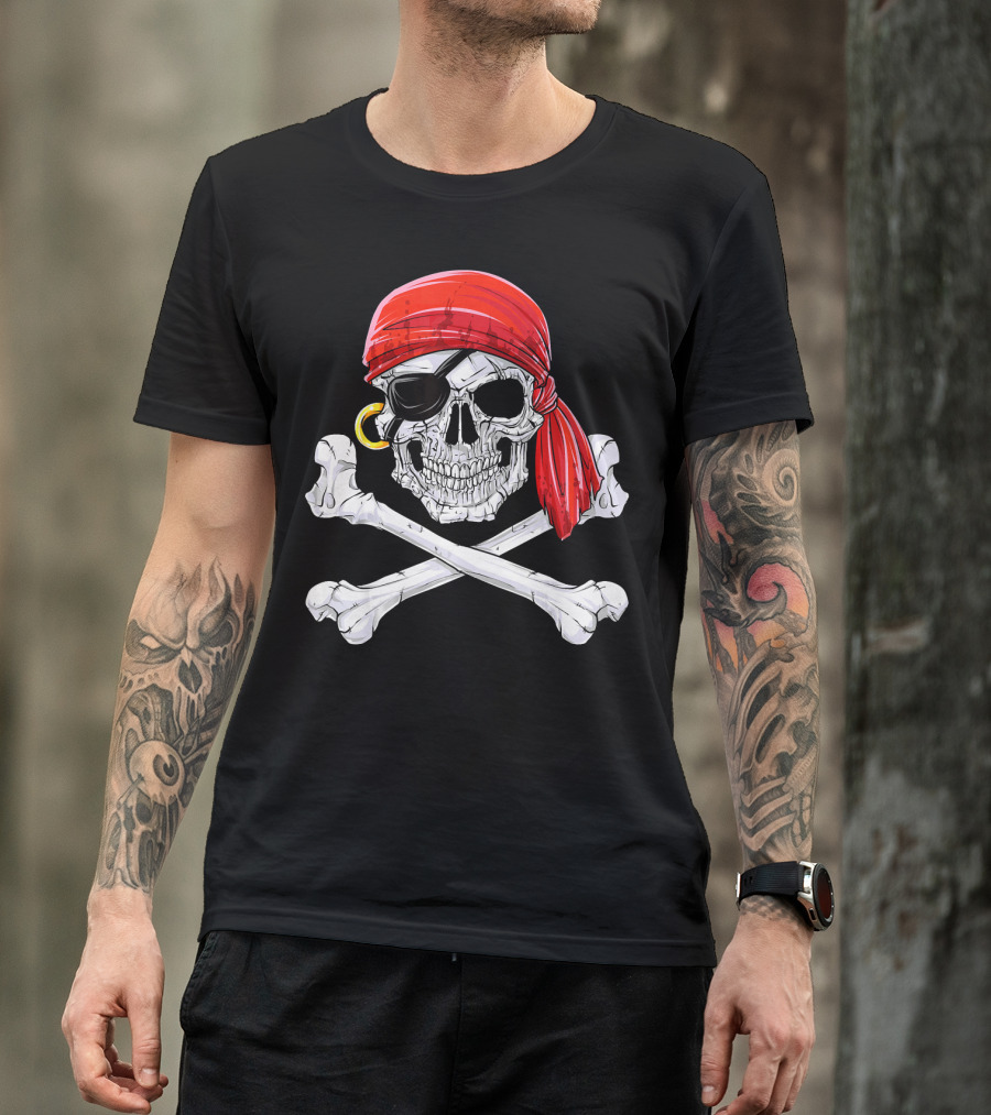 Jolly Roger Flag Skull And Crossbones With Red Bandana And Eyepatch T-Shirt