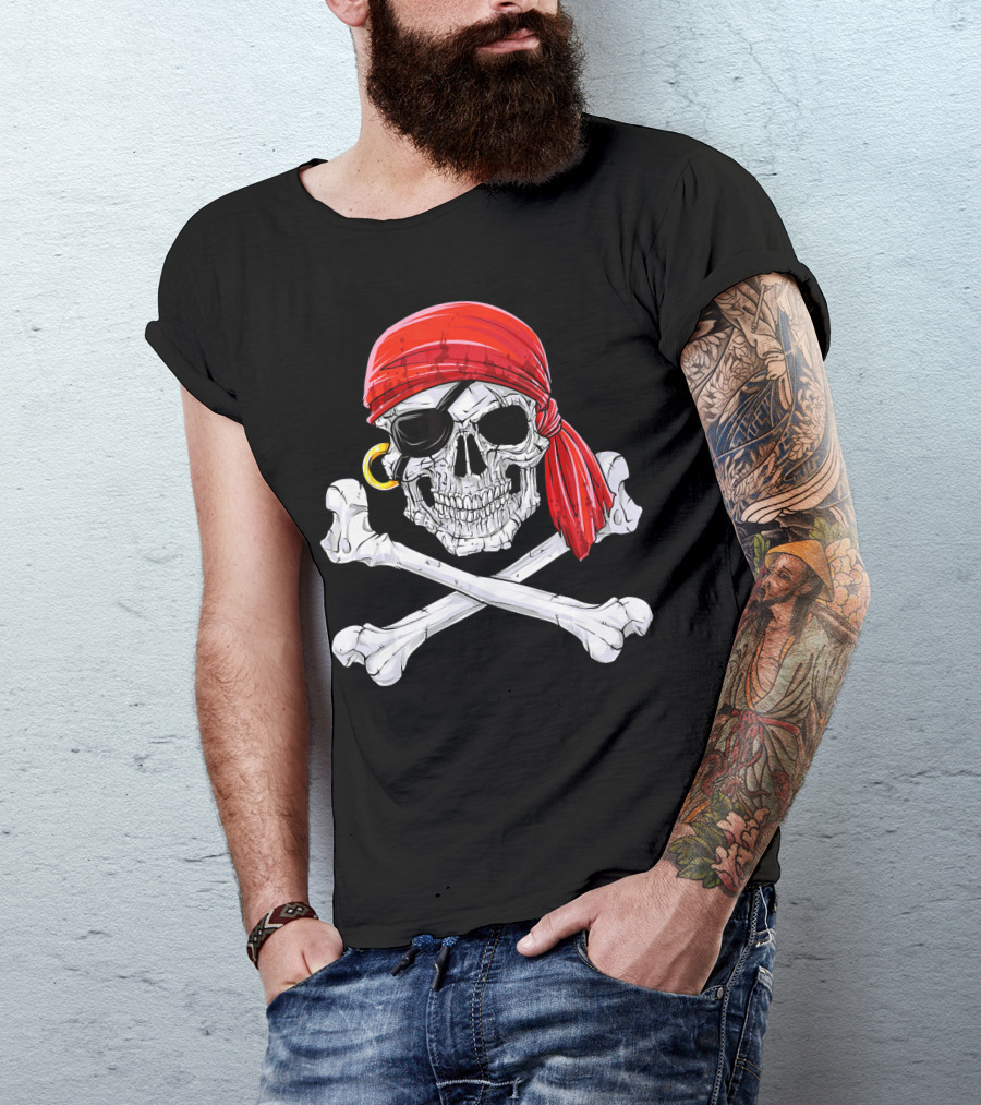 Jolly Roger Flag Skull And Crossbones With Red Bandana And Eyepatch T-Shirt