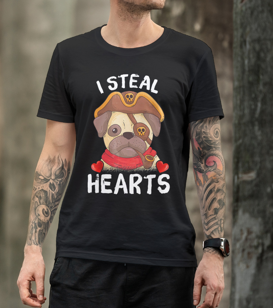 I Steal Hearts Valentines Day Pirate Pug With Pipe And Eyepatch T-Shirt