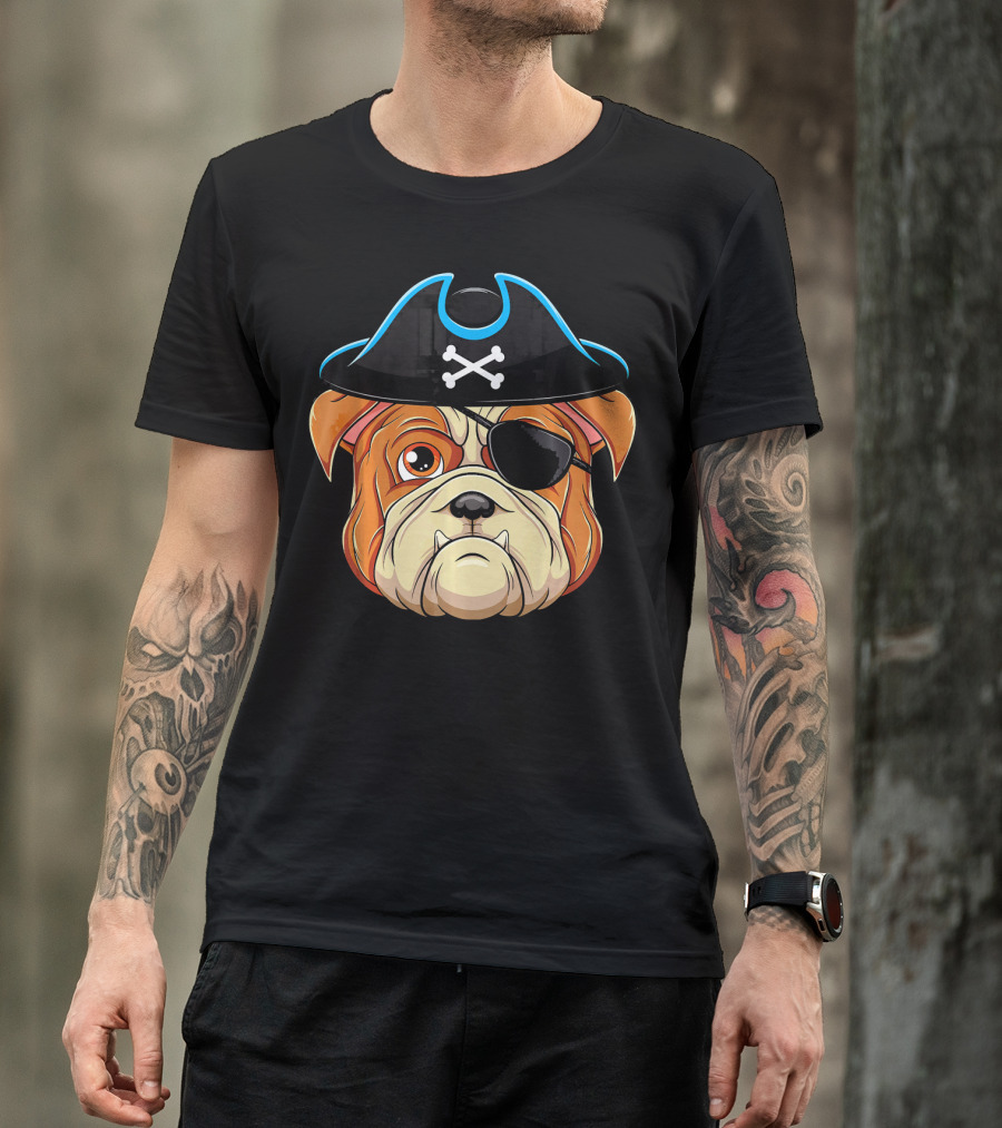 English Bulldog Pirate Hat Eye Patch Skull Crossbones T-Shirt