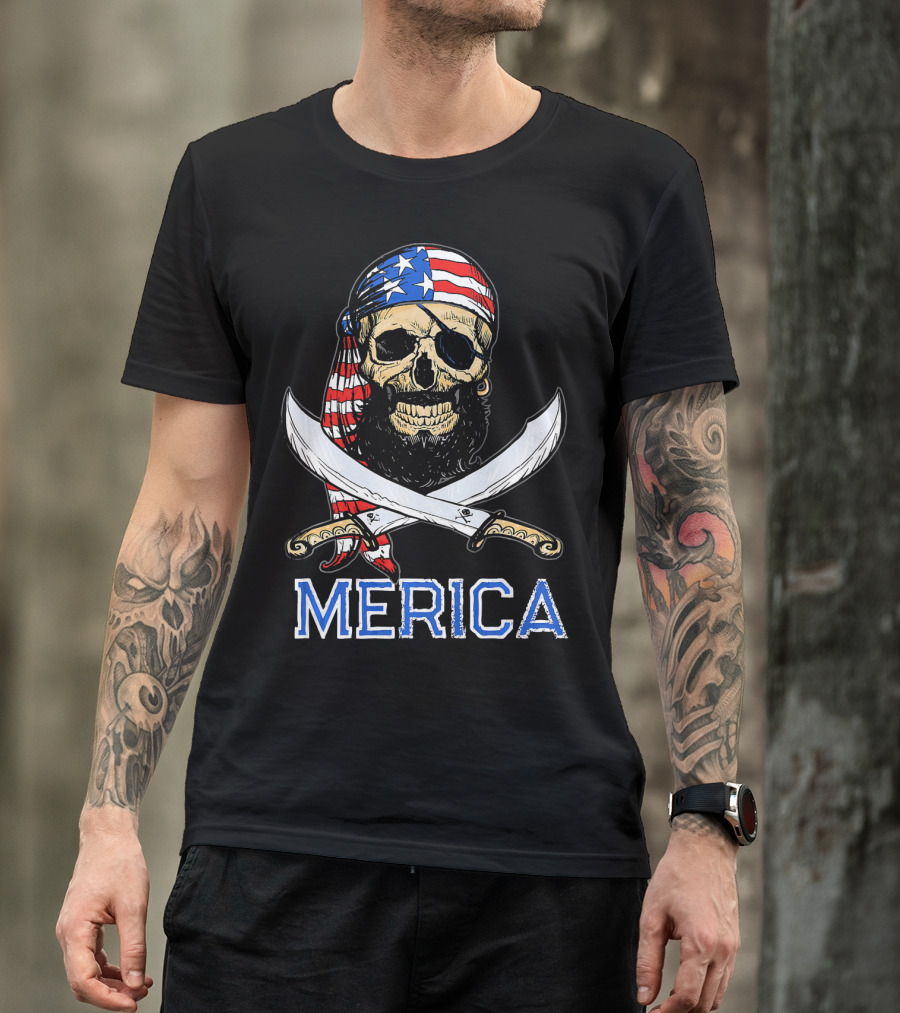 MERICA Bearded Pirate Skull With American Flag Bandana And Crossed Swords T-Shirt