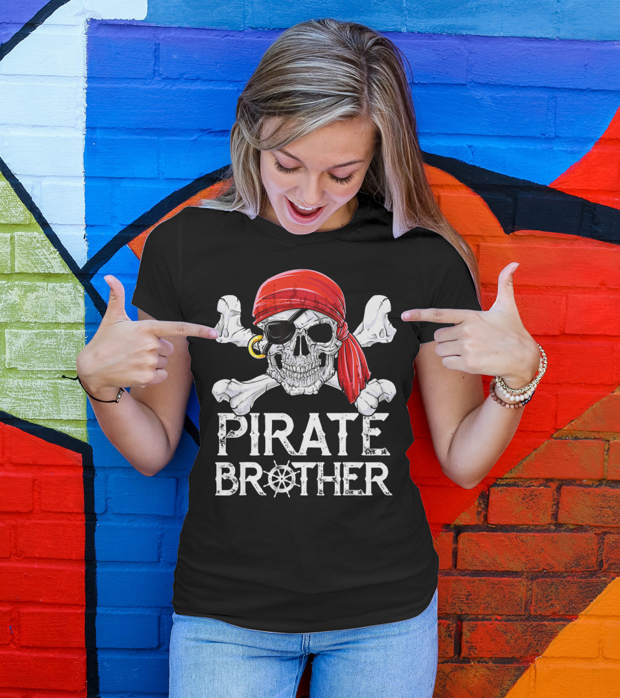 Pirate Brother Skull With Eyepatch And Red Bandana Jolly Roger Flag T-Shirt