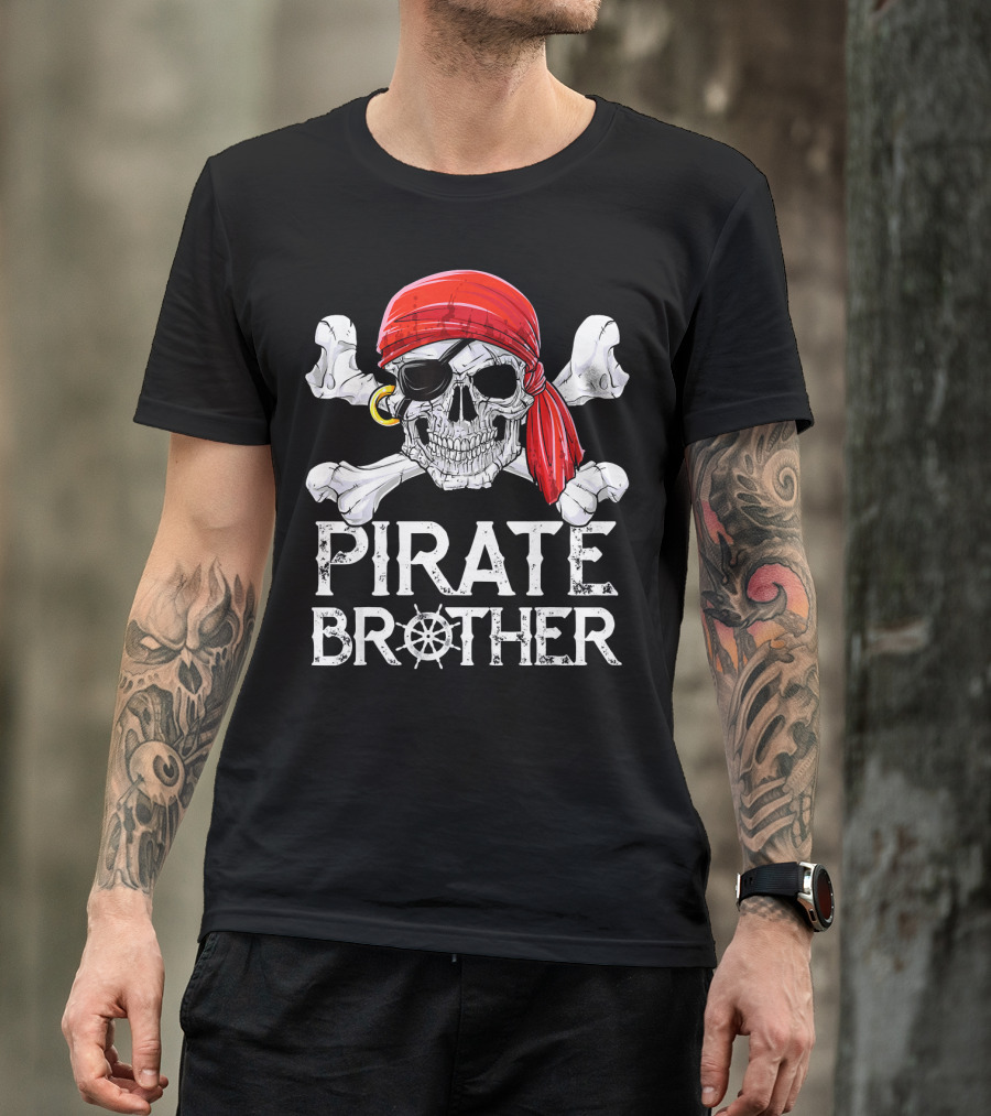 Pirate Brother Skull With Eyepatch And Red Bandana Jolly Roger Flag T-Shirt