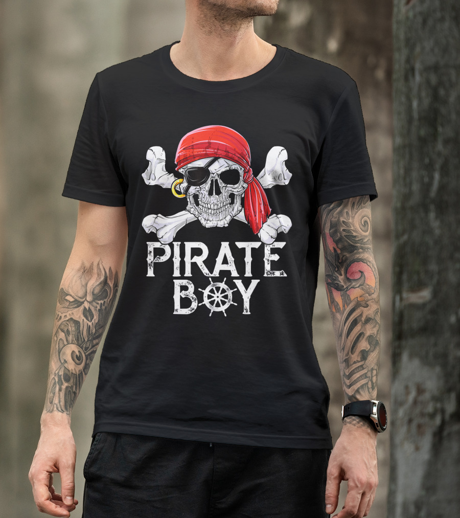 Pirate Boy Jolly Roger Skull With Red Bandana And Crossbones T-Shirt