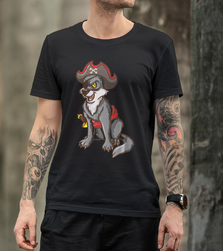 Pirate Wolf Halloween Party Costume With Sword And Hat T-Shirt