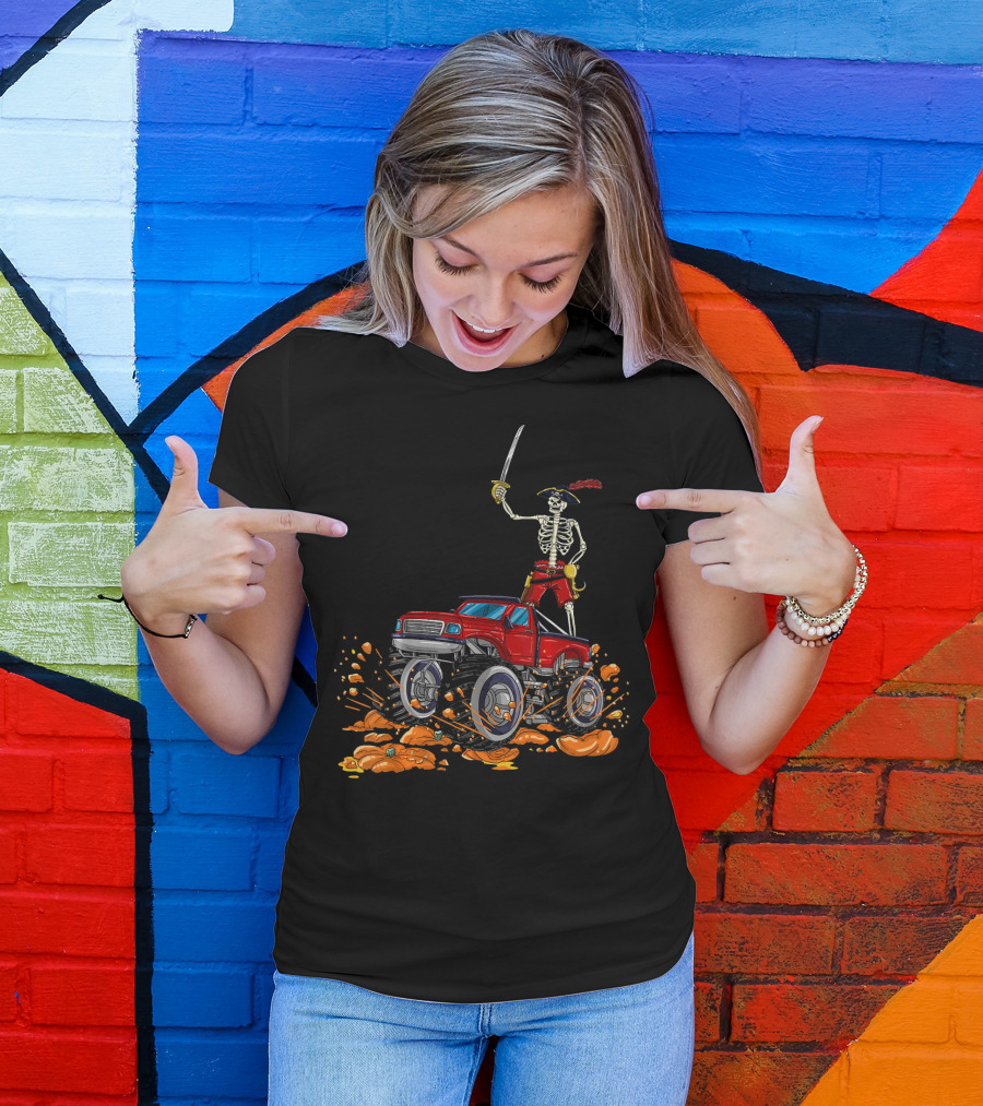 Halloween Skeleton Pirate Riding Monster Truck Over Pumpkins T-Shirt