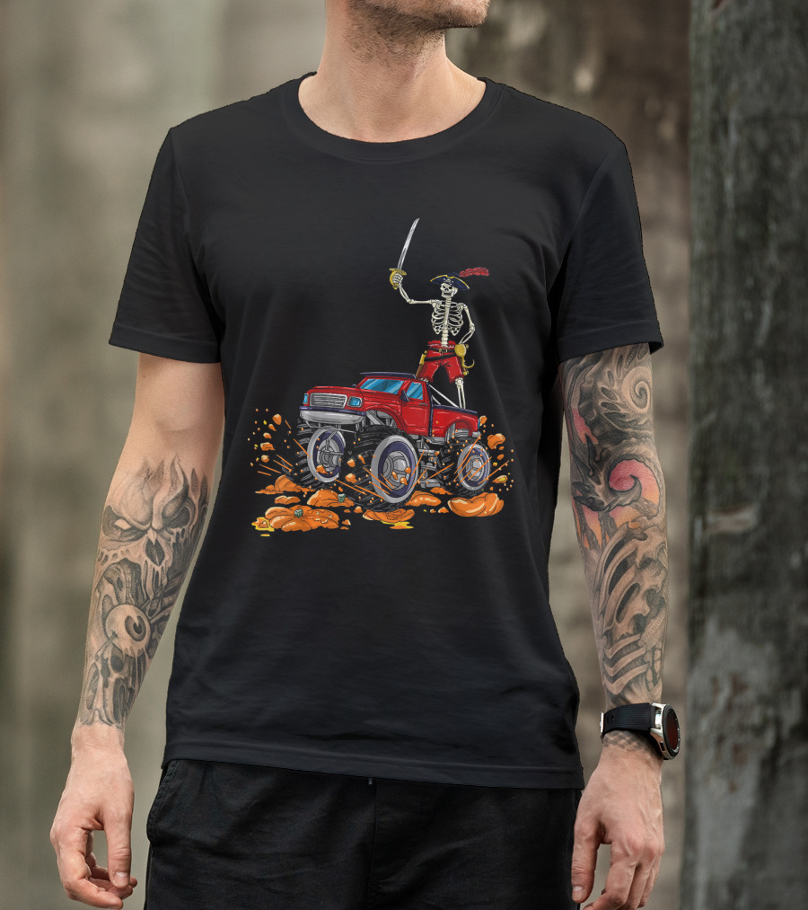 Halloween Skeleton Pirate Riding Monster Truck Over Pumpkins T-Shirt