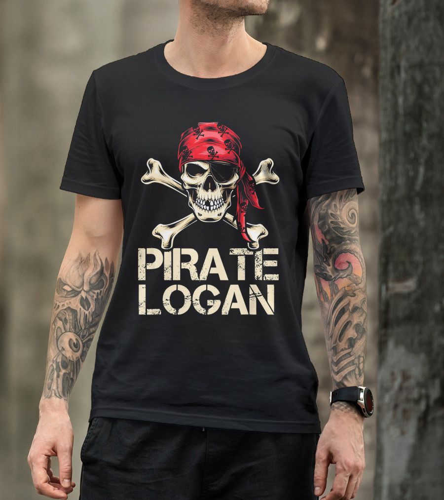 PIRATE LOGAN Skull And Crossbones Red Bandana Birthday T-Shirt