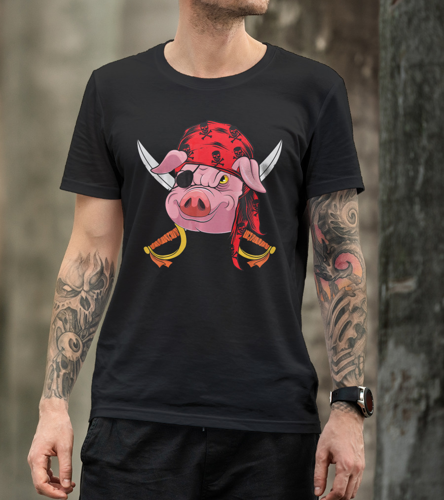 Pirate Pig With Eye Patch And Swords Halloween Costume T-Shirt