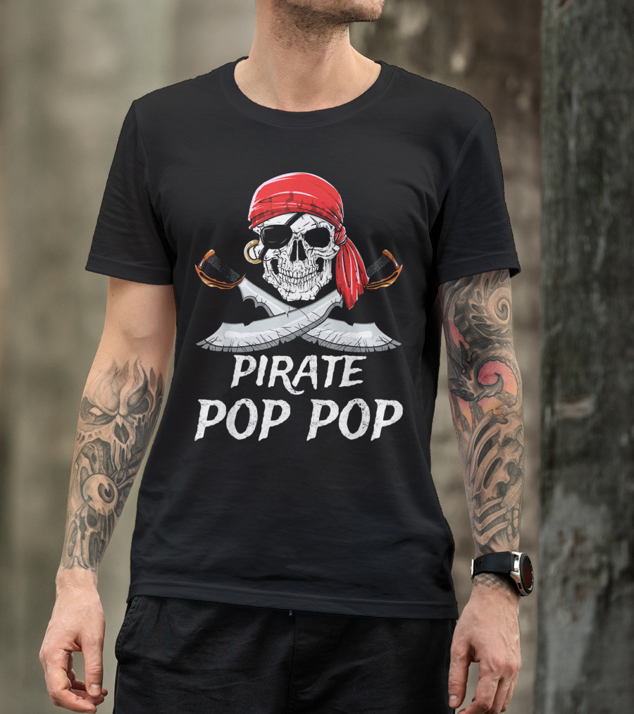 Pirate Pop Pop Skull With Red Bandana And Crossed Swords T-Shirt