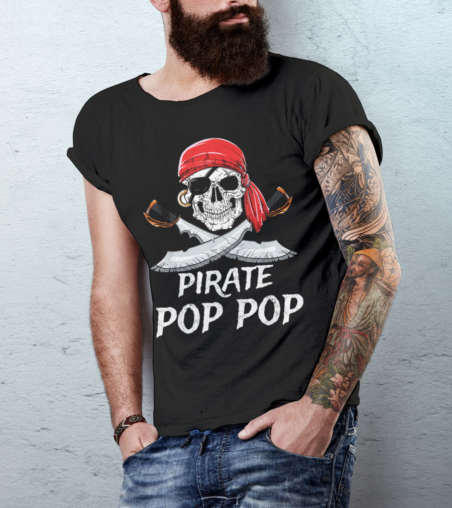 Pirate Pop Pop Skull With Red Bandana And Crossed Swords T-Shirt