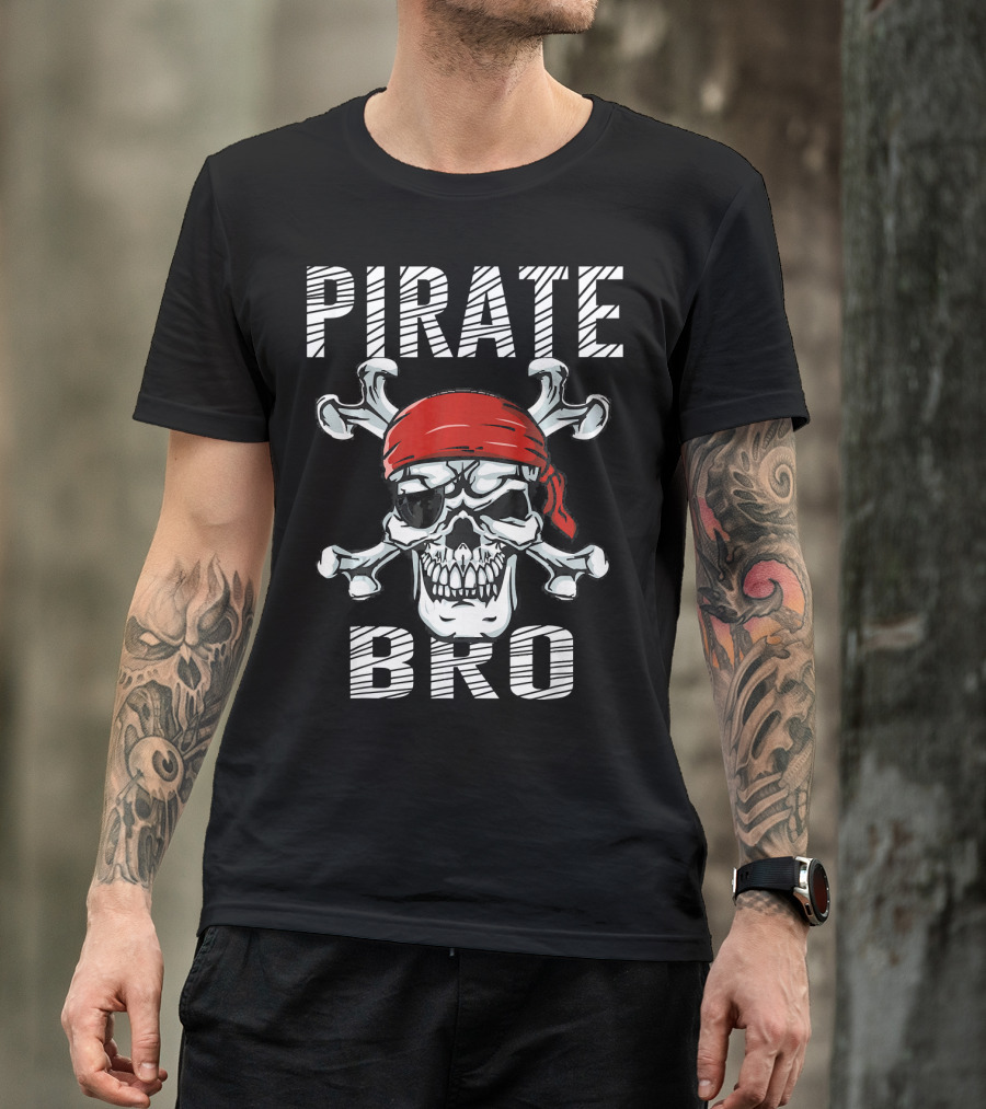 Pirate Bro Skull With Crossbones And Red Bandana T-Shirt