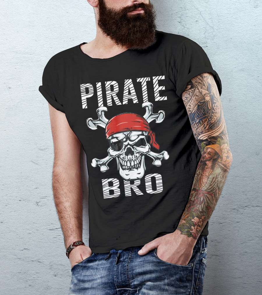 Pirate Bro Skull With Crossbones And Red Bandana T-Shirt