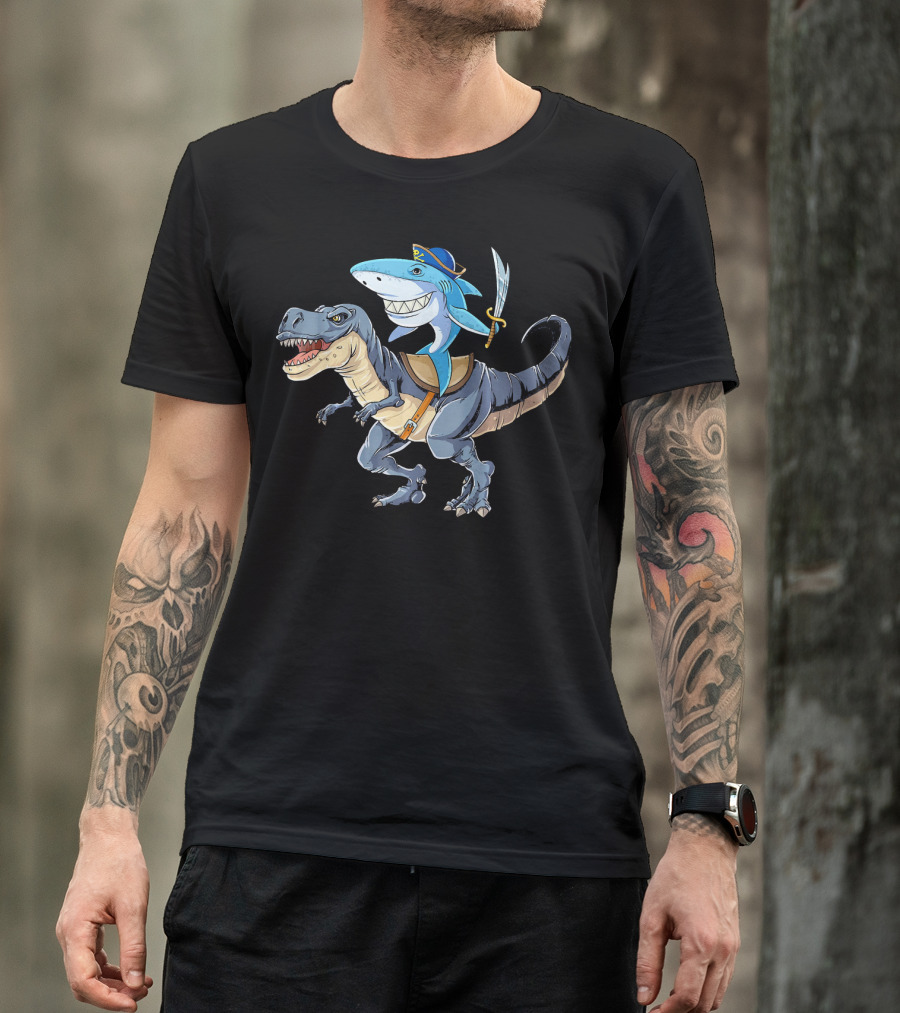 Shark Riding Dinosaur Rex Pirate With Sword T-Shirt