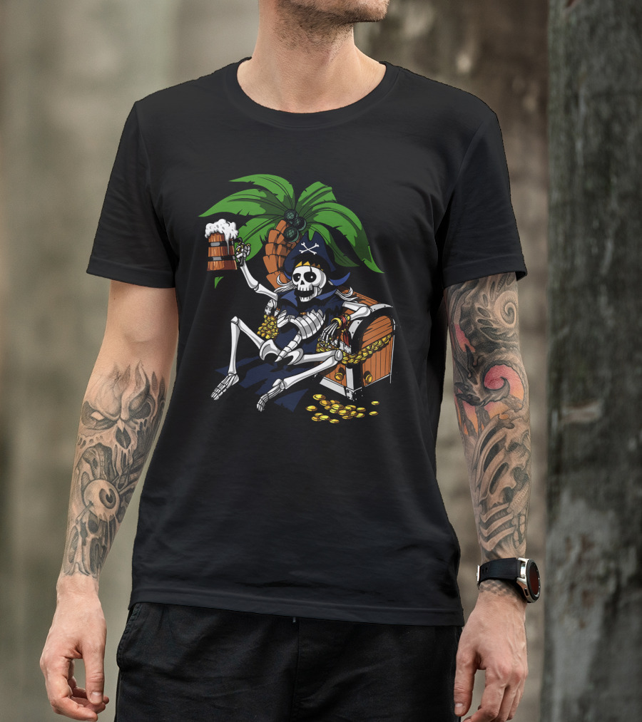 Skeleton Pirate Toasting With Treasure Chest Palm Tree Scene T-Shirt