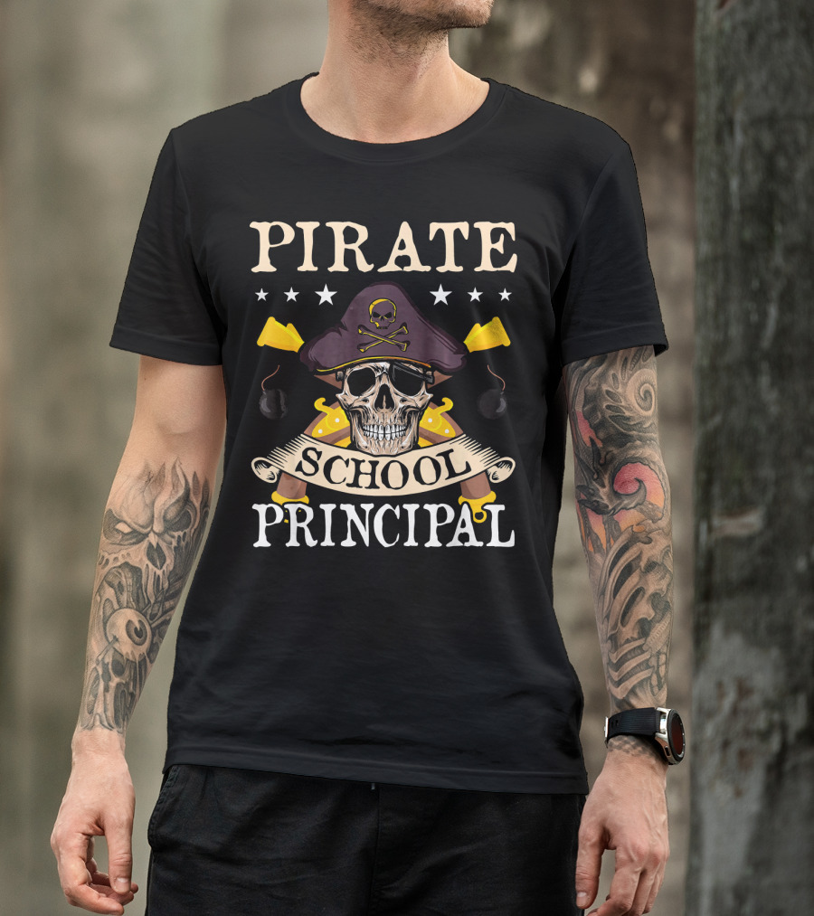 Pirate Skull Crossbones Hat School Principal Banner Swords Bombs T-Shirt