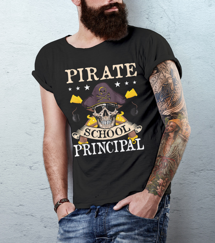 Pirate Skull Crossbones Hat School Principal Banner Swords Bombs T-Shirt