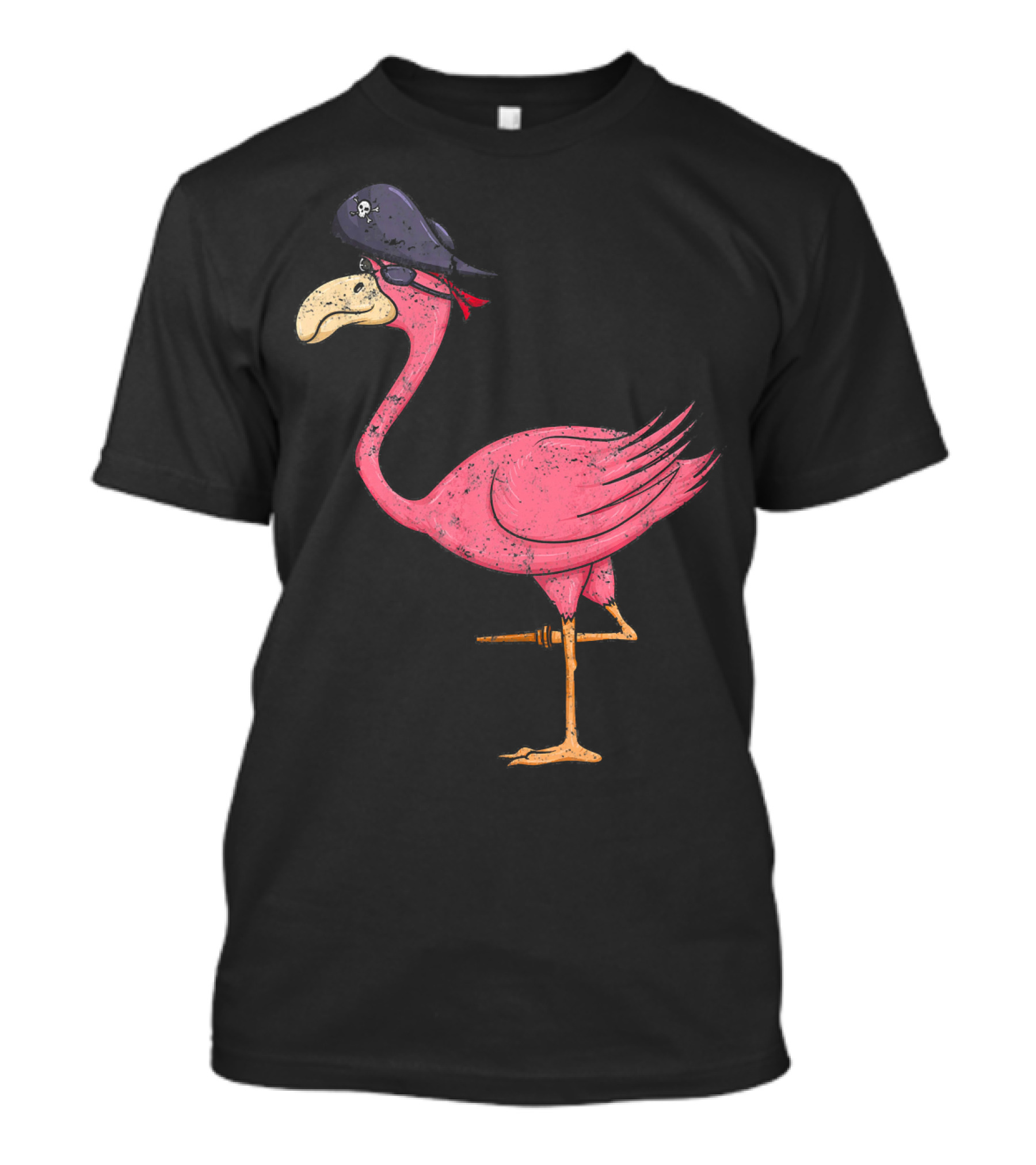Vintage Pink Flamingo Pirate With Eyepatch And Skull Hat T-Shirt