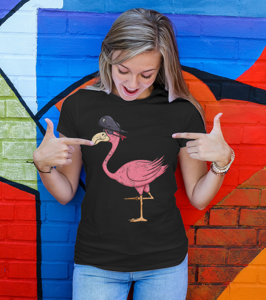 Vintage Pink Flamingo Pirate With Eyepatch And Skull Hat T-Shirt