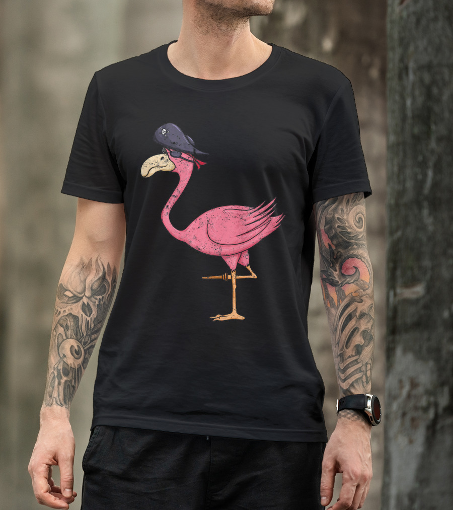 Vintage Pink Flamingo Pirate With Eyepatch And Skull Hat T-Shirt